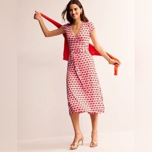 Boden NEW Joanna Cap Sleeve Wrap Dress In Red Diamond Cube Size 8R